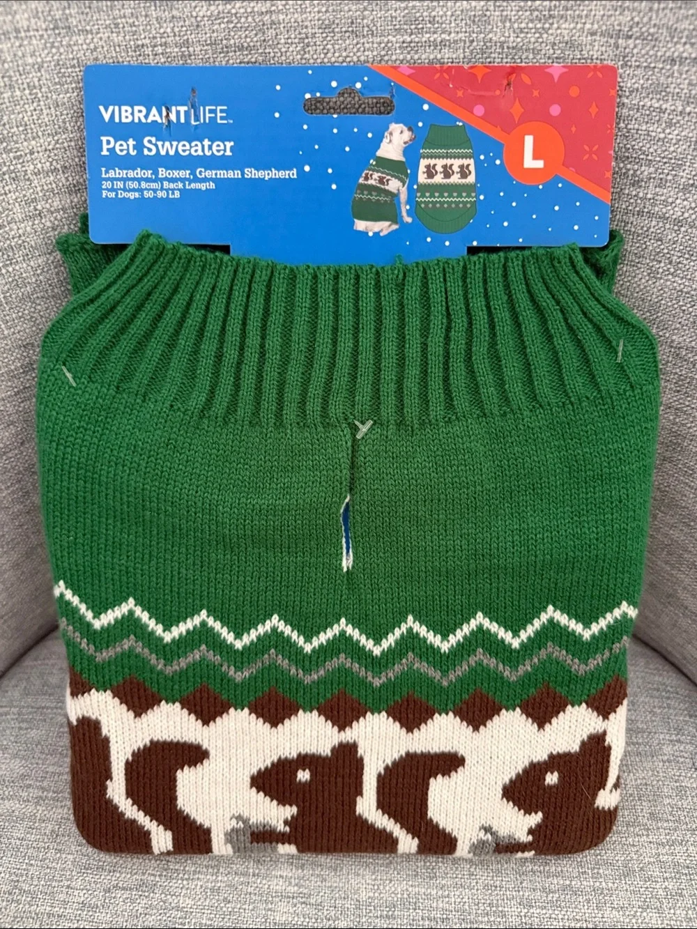 Vibrant Green, White & Brown Dog Sweater - Large